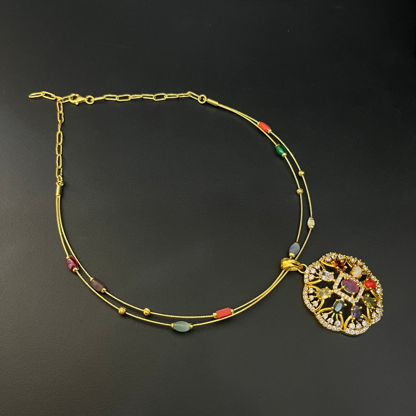 Silver Necklace Gold Finished Navratna Stones DS01