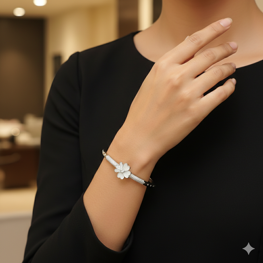 Silver Ladies Kada Flower White