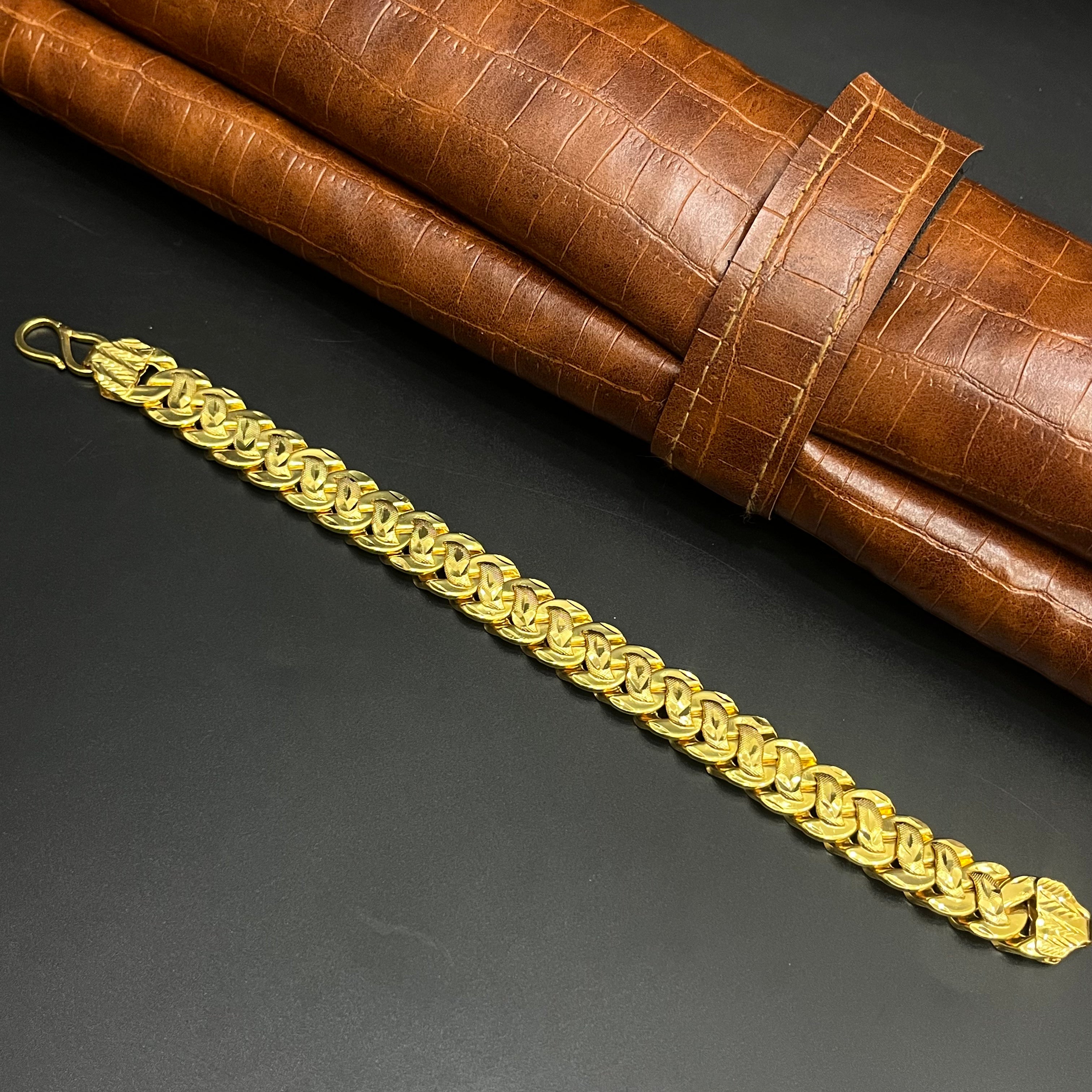 Silver Mens Bracelet Classic Sculpted Leaf Gold Finish 925