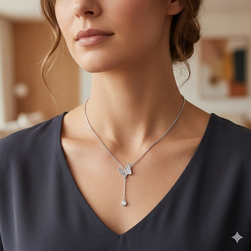 Silver Ladies Chain Butterfly With Pearl Hanging