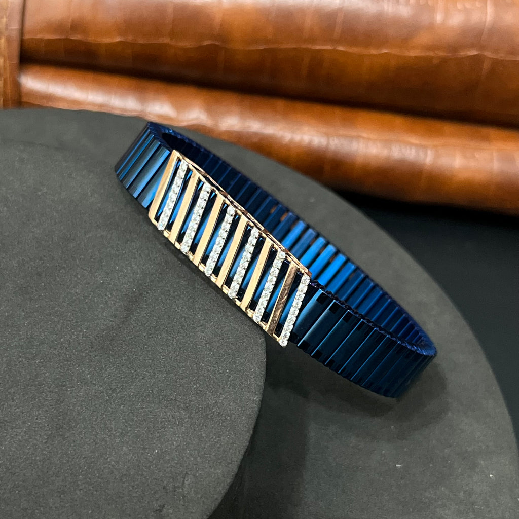 Silver Mens Flexible Bracelet Blue Band Lines 925