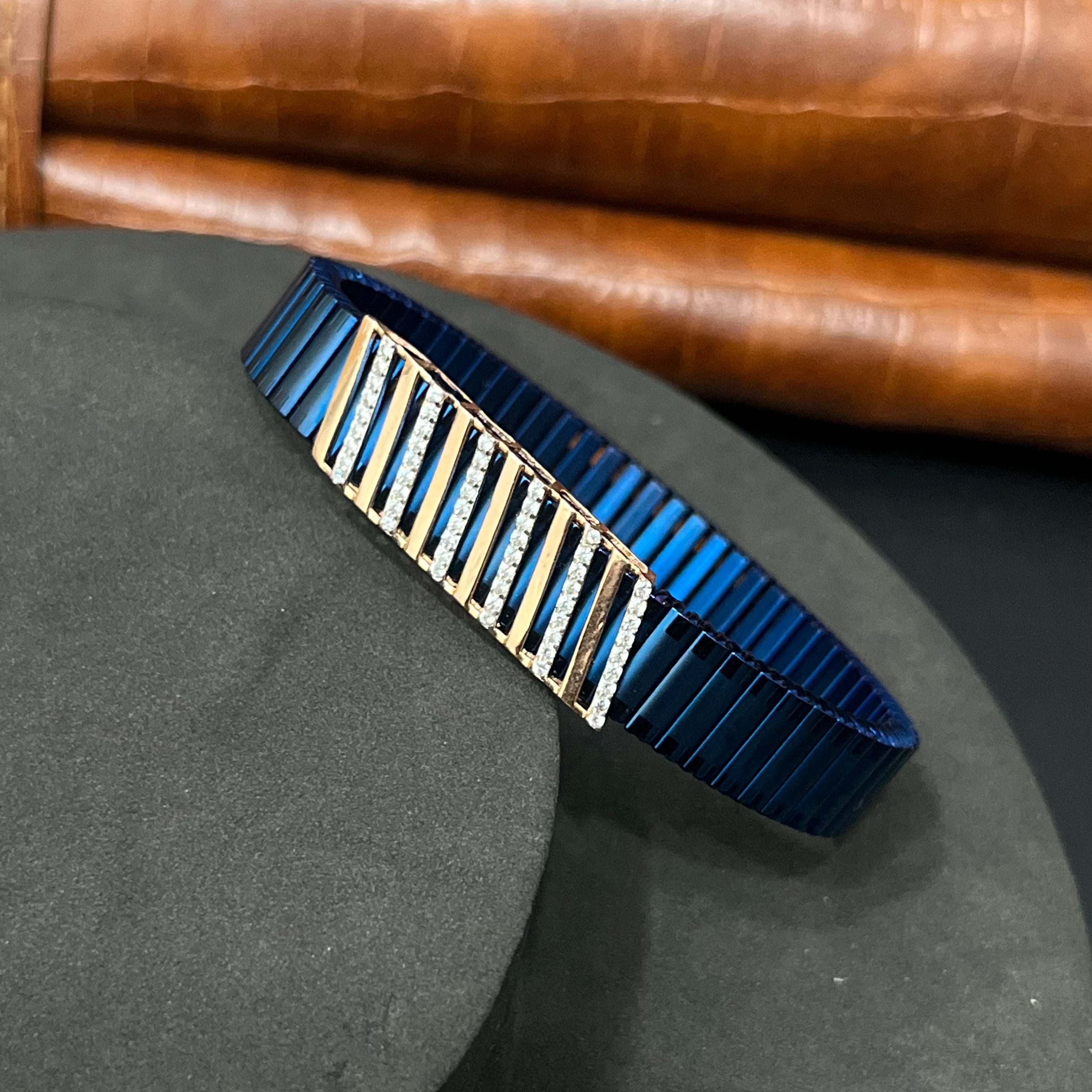 Silver Mens Flexible Bracelet Blue Band Lines 925