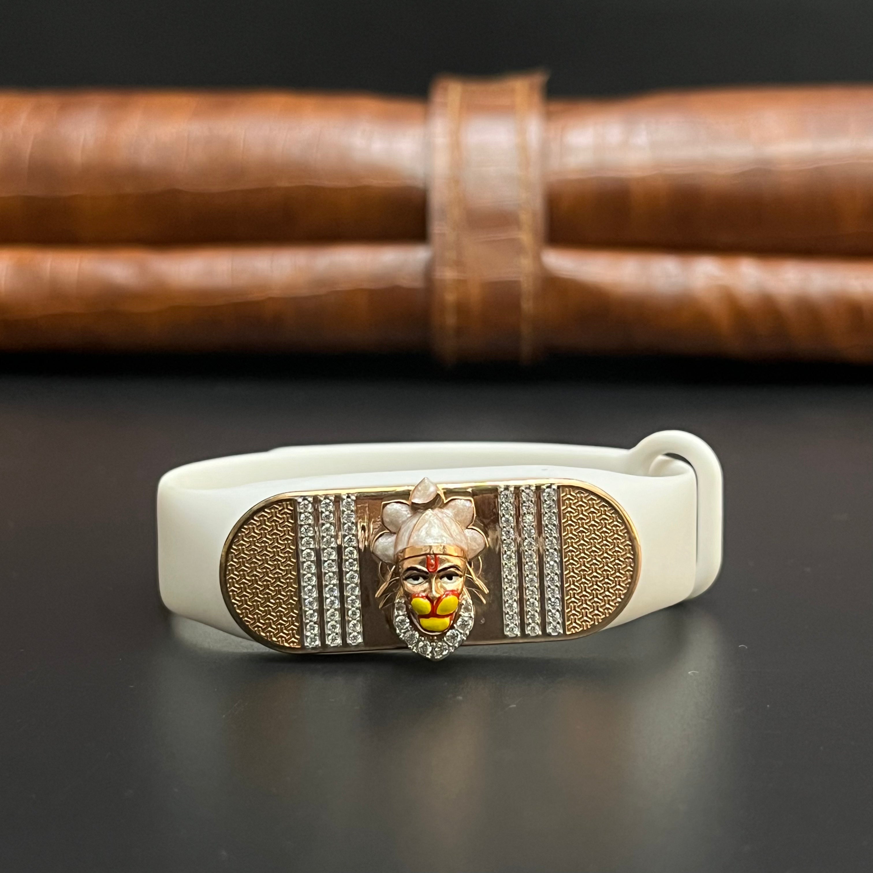 Silver Mens Band Adjustable Veer Hanuman Face With Stones Gold Finish 925