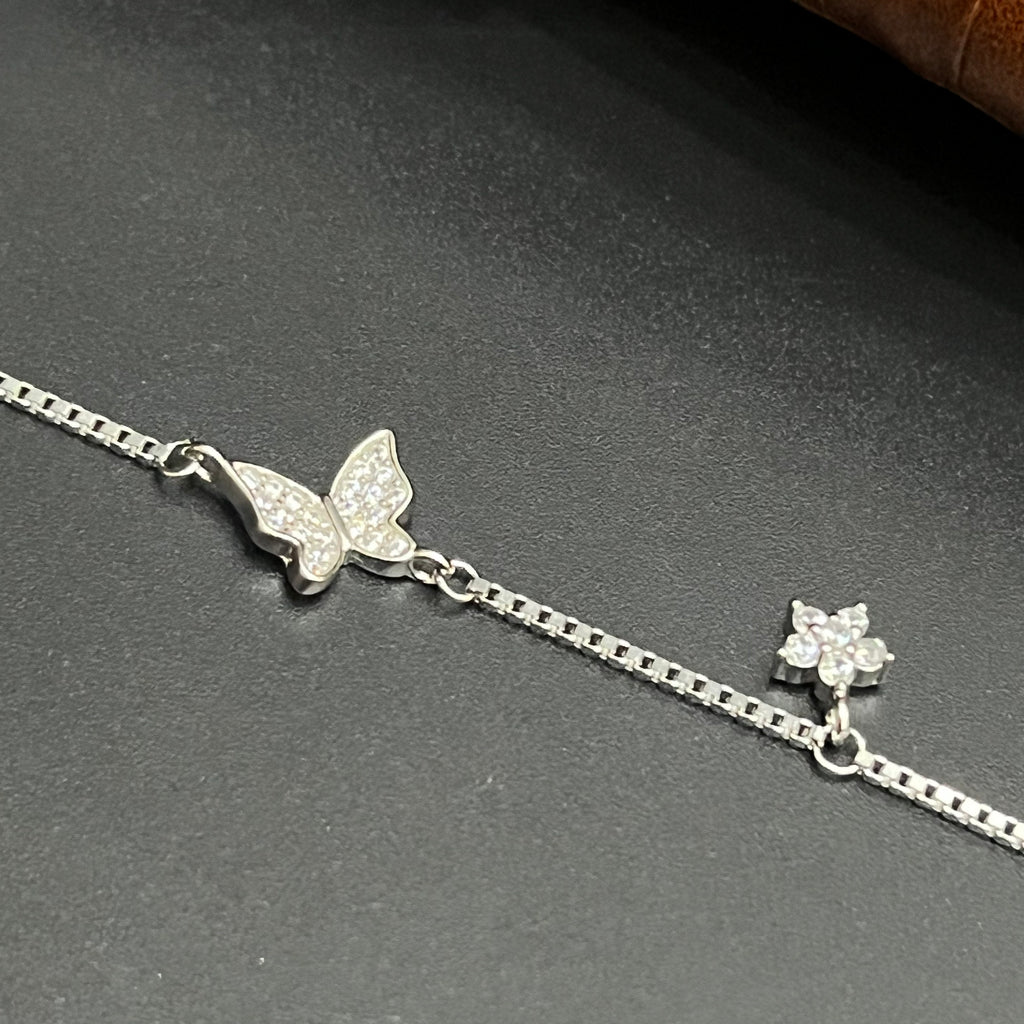 Silver Ladies Bracelet Three Butterfly & White Stars Charms 925
