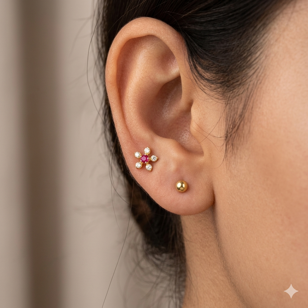 Gold Second stud Red & White Flower