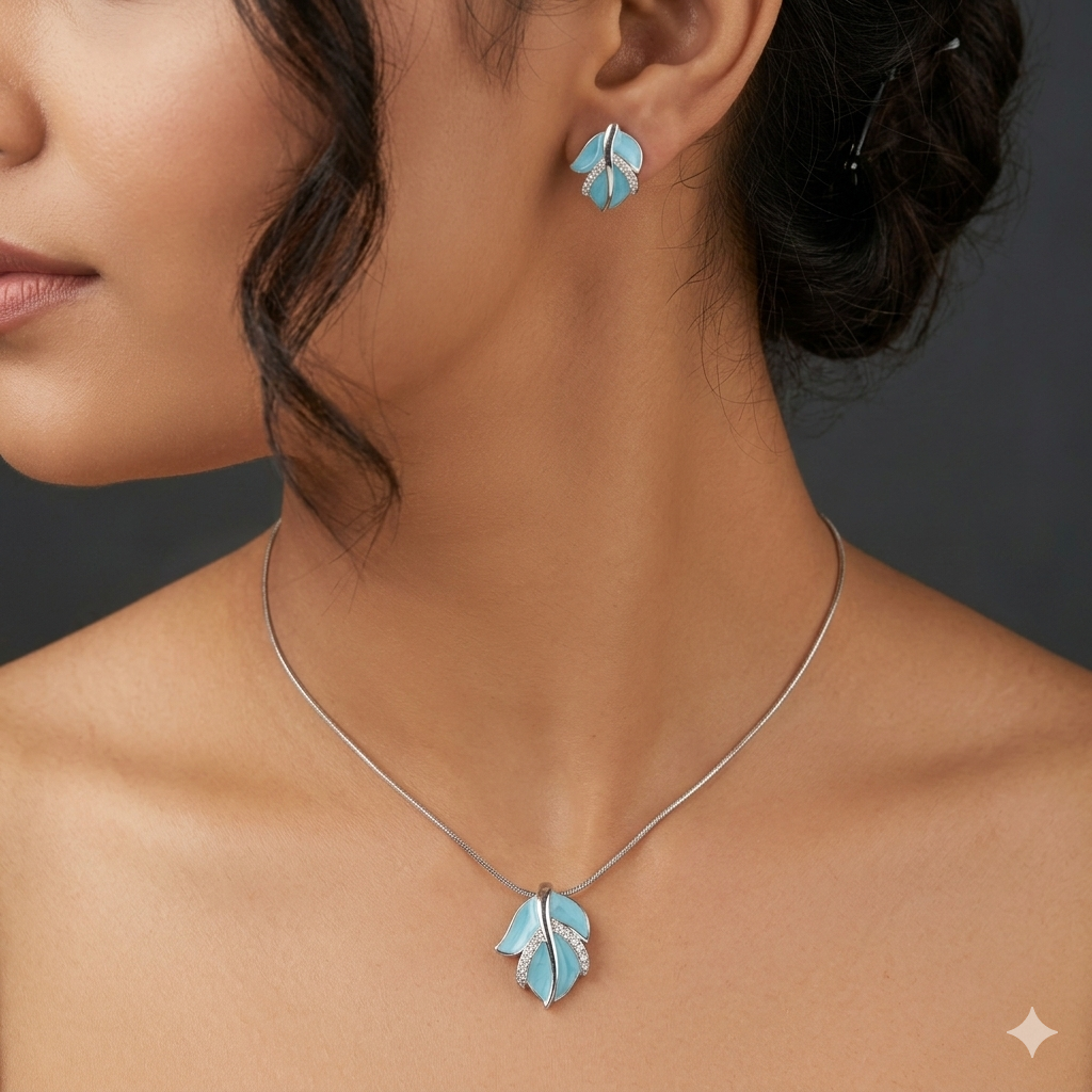 Silver Ladies Pendant Chain Leaf Blue