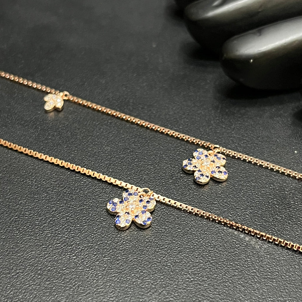 Silver Ladies Anklet Blue Blossom Sparkle Rose Gold 925