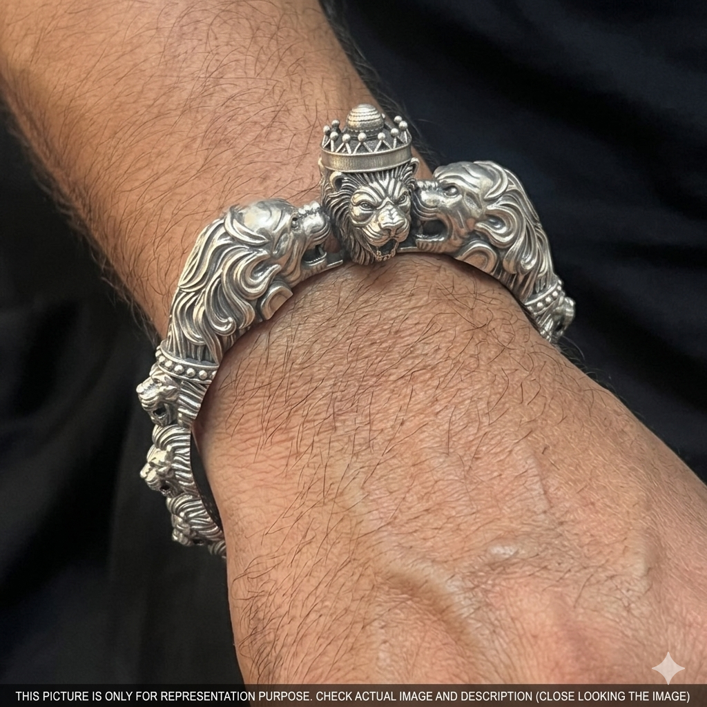 Silver Royal Lion Kada Antique Finished Solid