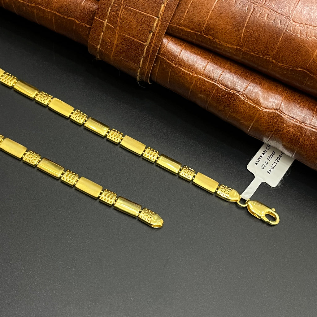 Silver Mens Chain Premium Textured Rectangle Bar Gold Finish 925