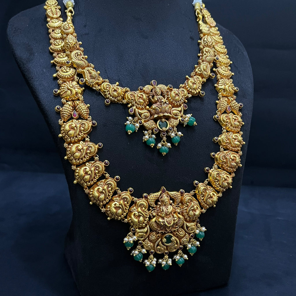 Silver Ladies Necklace And Haram Antique Lakshmi Devi Green Nakshatra Gold Finish 925