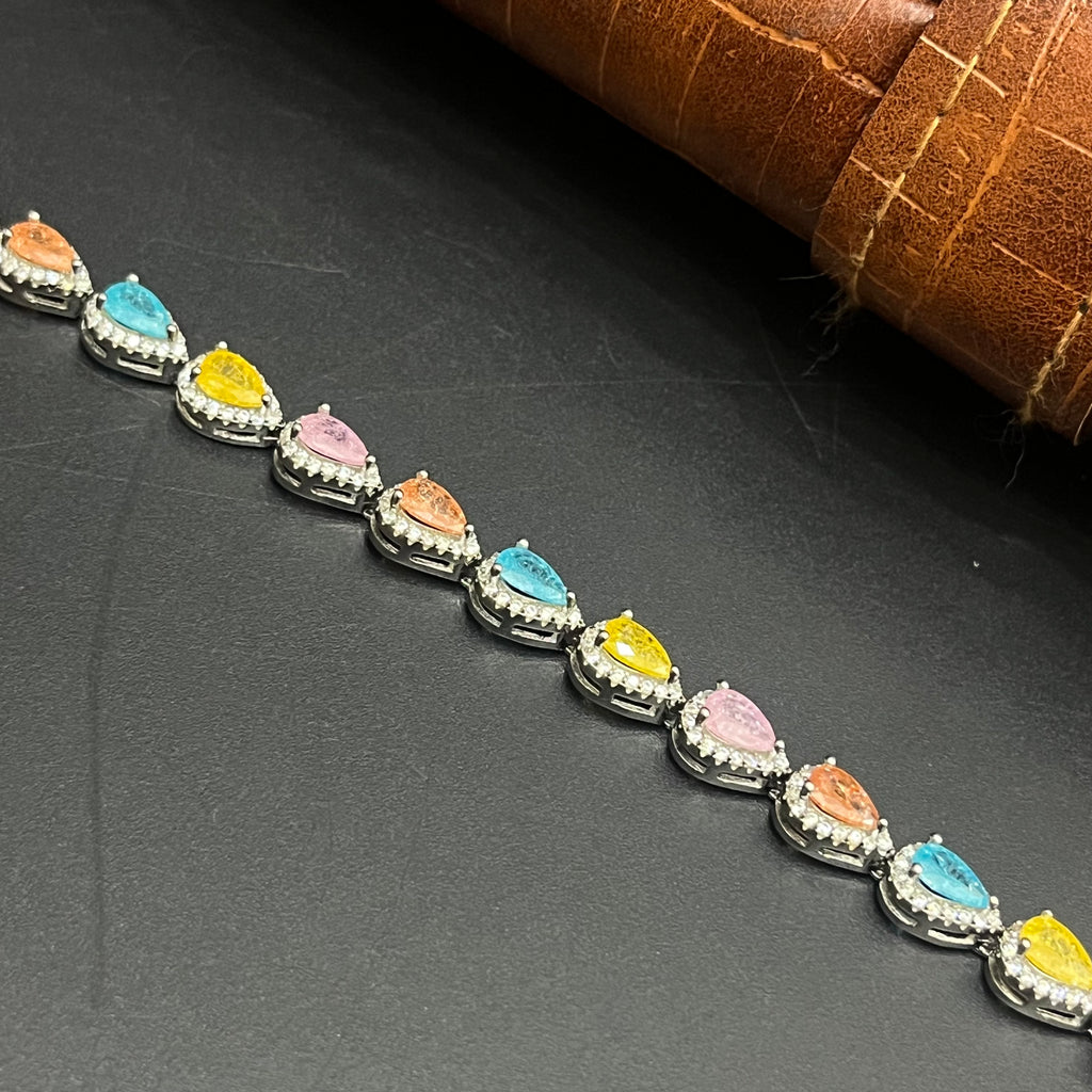 Silver Ladies Bracelet Rainbow Crystal Oval Link M01 925