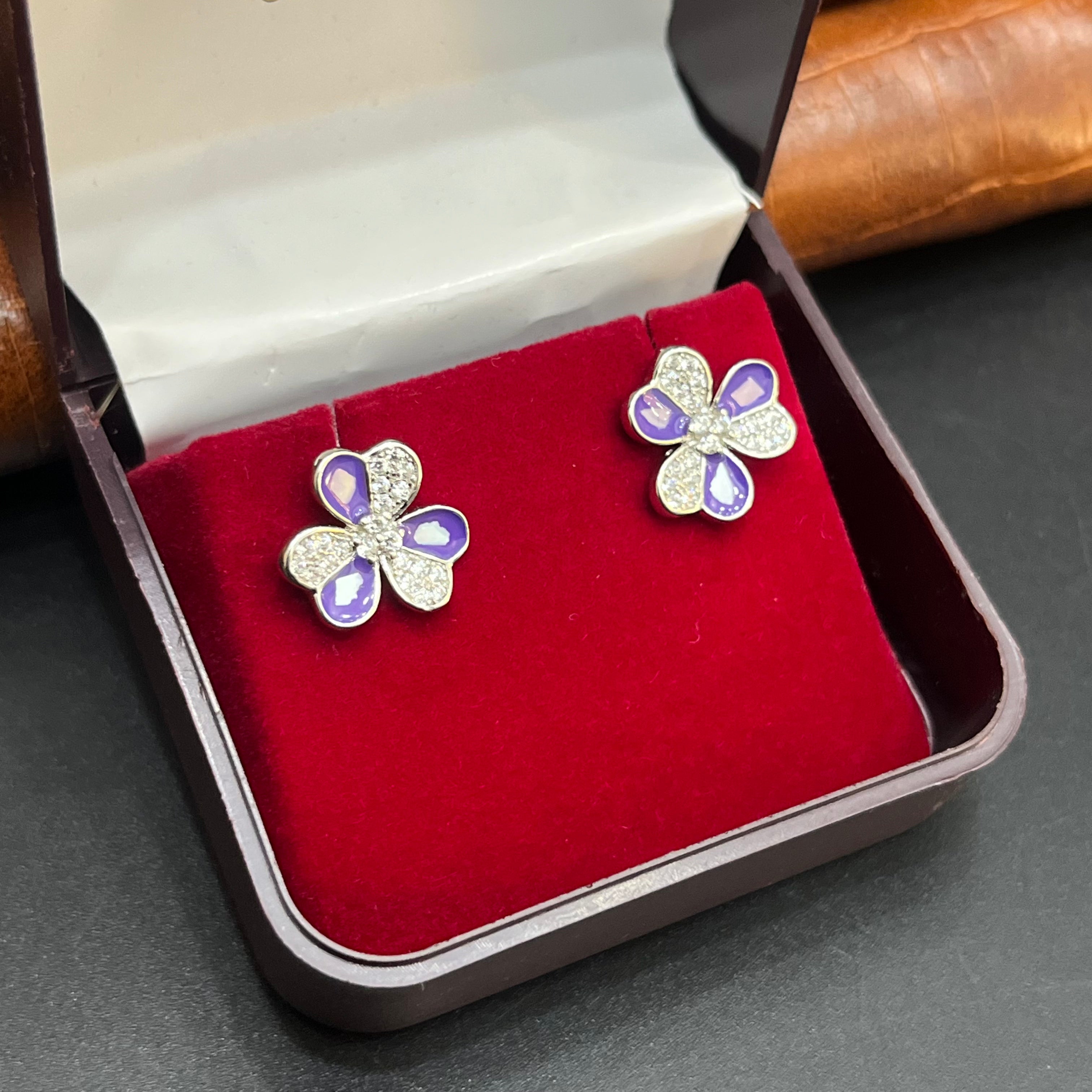 Silver Ladies Stud Purple Crystal Heart Charms 925
