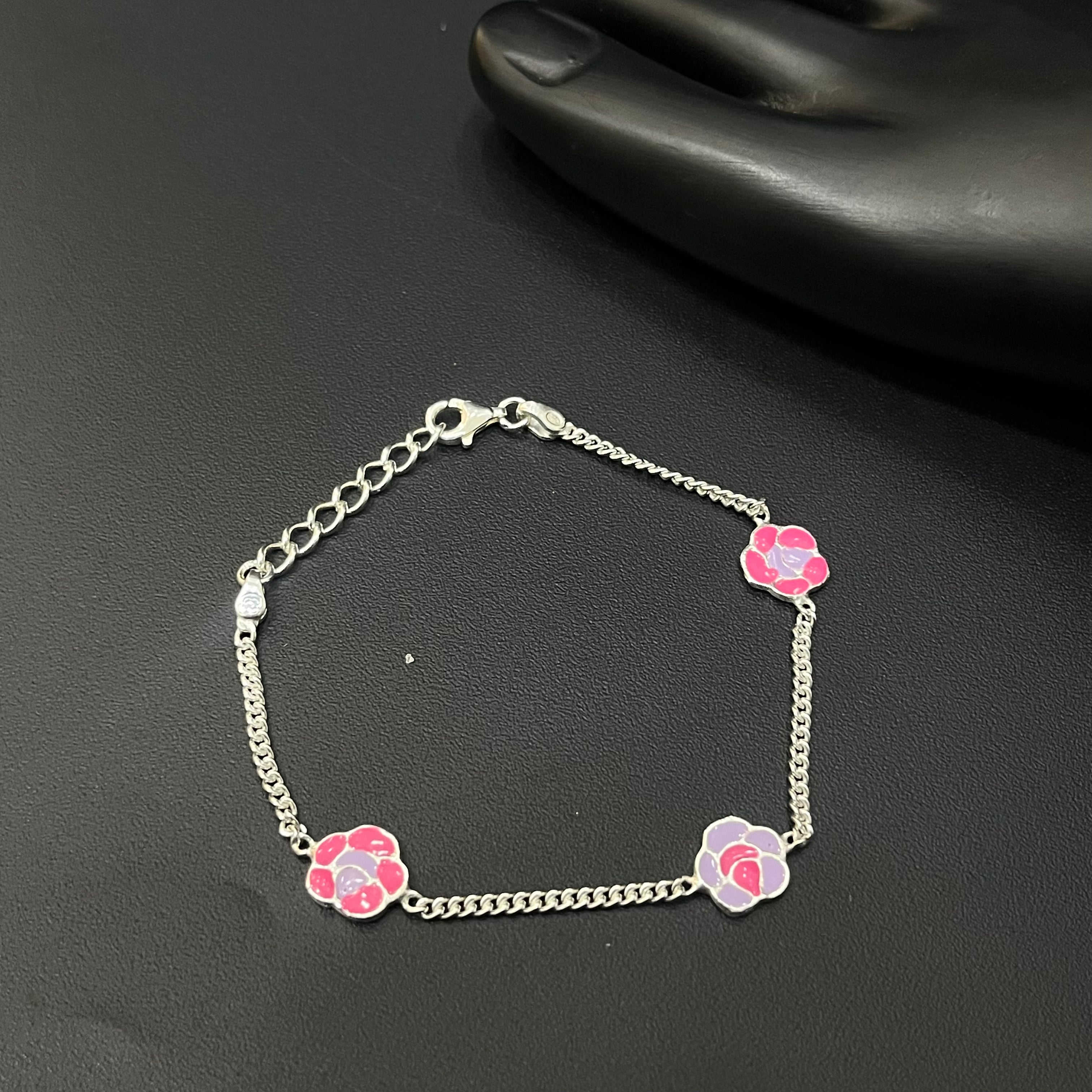Silver Baby Anklet Colured Pink Flower