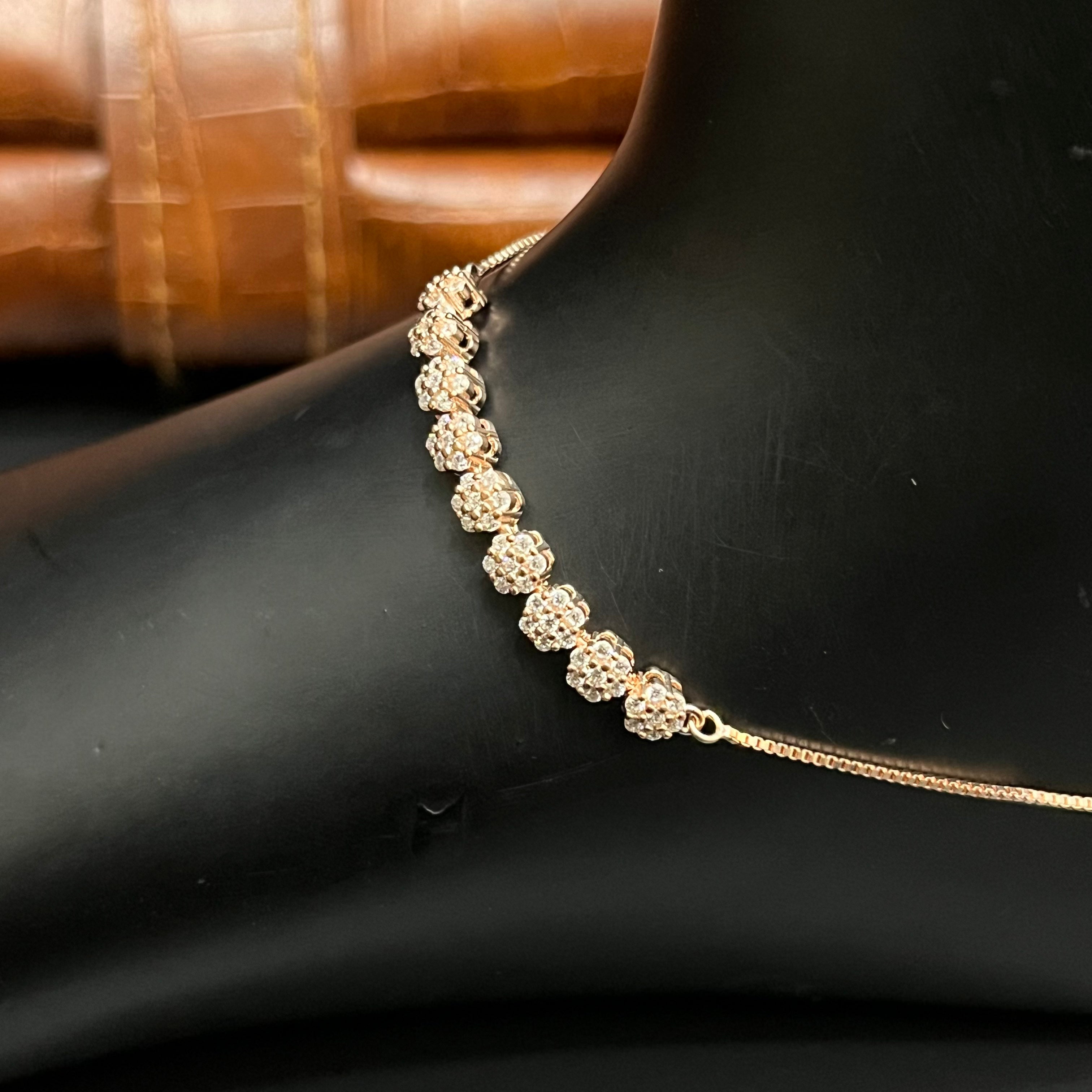 Silver Ladies Anklet Floral Crystal Line Rose Gold 925