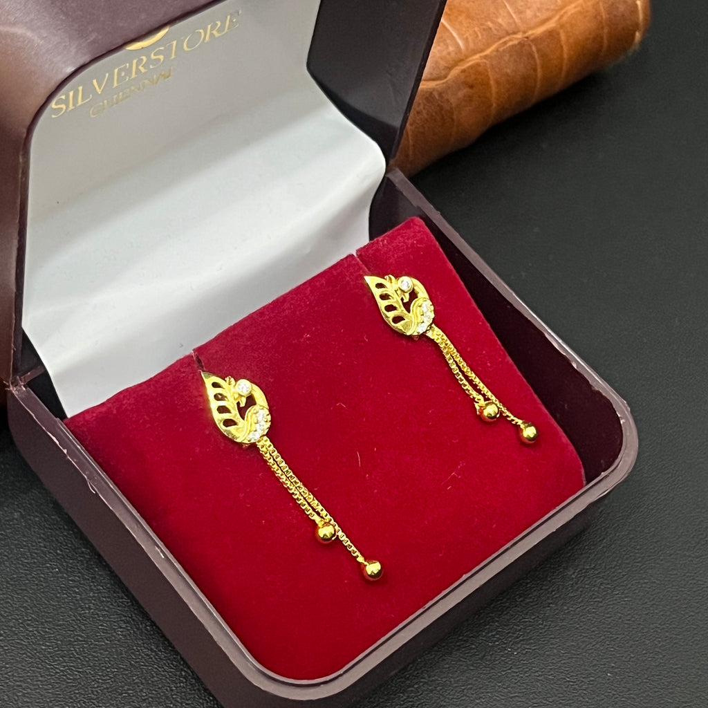 Silver Ladies Stud Peacock Two Line Chain Drop Gold Finished 92.5