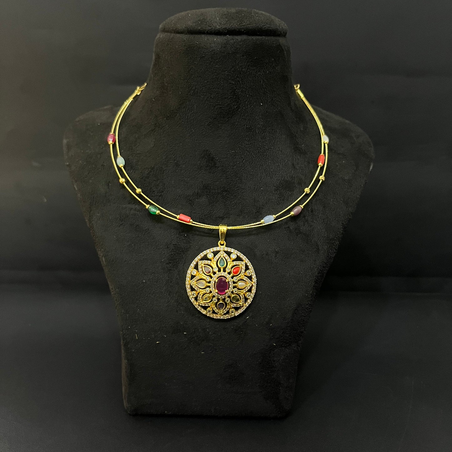 Silver Necklace Gold Finished Navratna Stones DS02