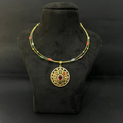 Silver Necklace Gold Finished Navratna Stones DS02