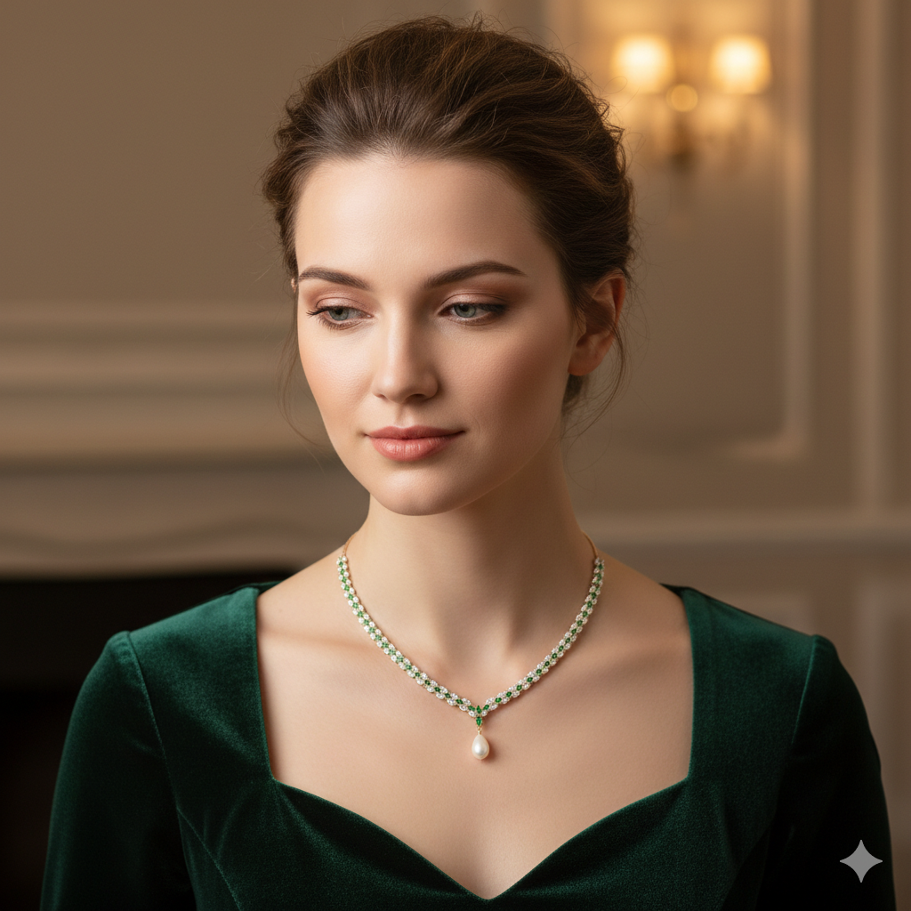 Silver Necklace American Diamond White & Green Stone Rosegold Finished