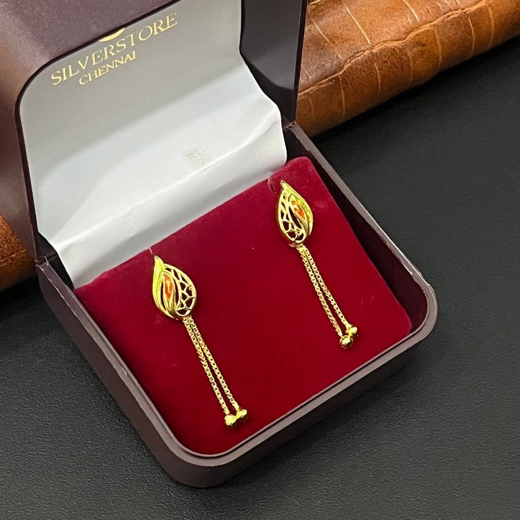 Silver Ladies Stud Leaf Two Line Chain Drop Gold Finished 925