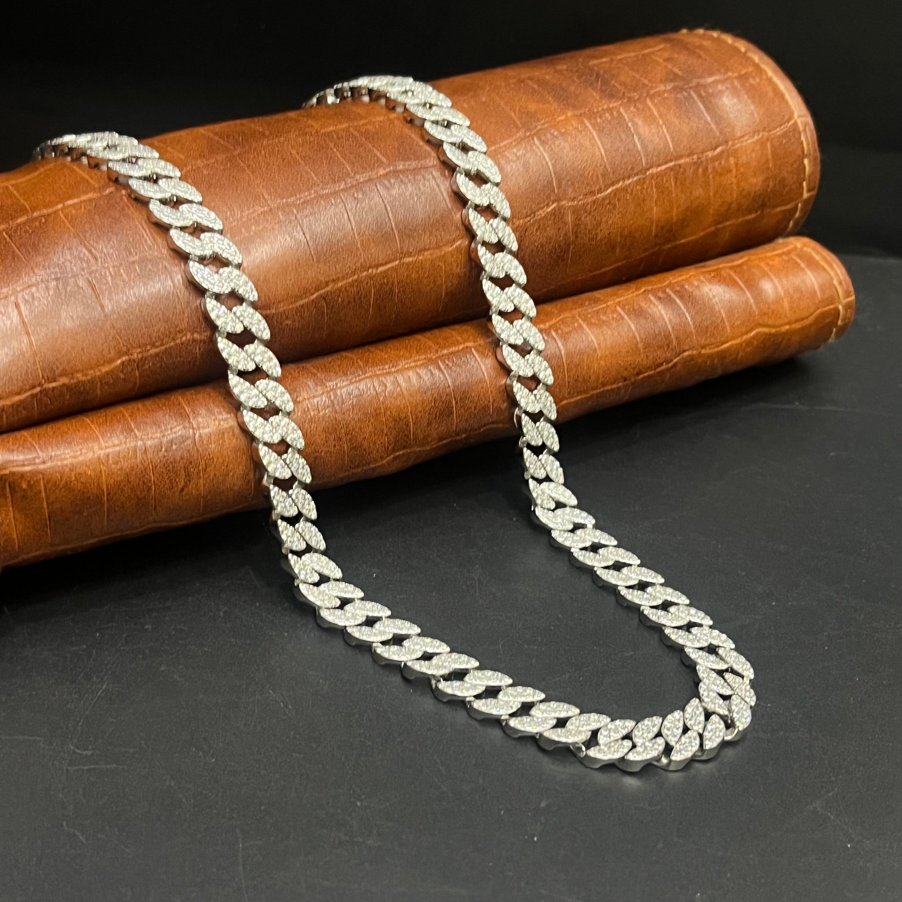 Silver Mens Chain Luxury Cuban Cut Diamond Stones M01 925