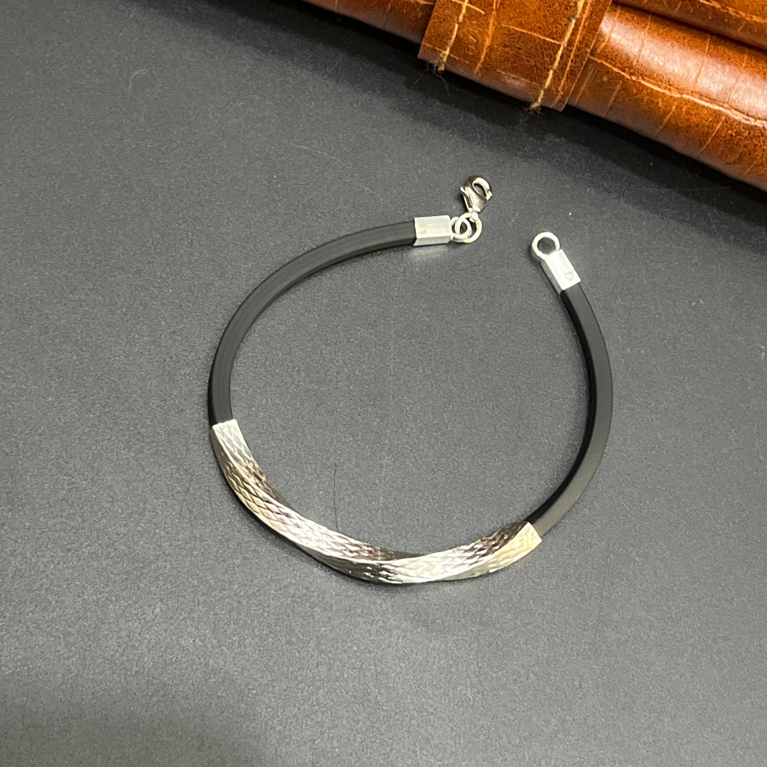 Silver Kids Bracelet Twist Textured Black Band 925
