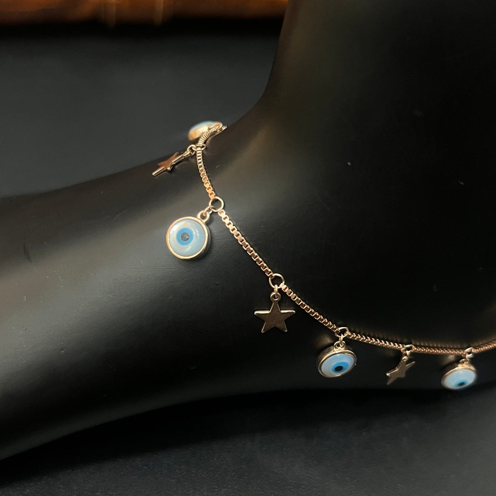 Silver Ladies Anklet Evil Eye & Star Charms