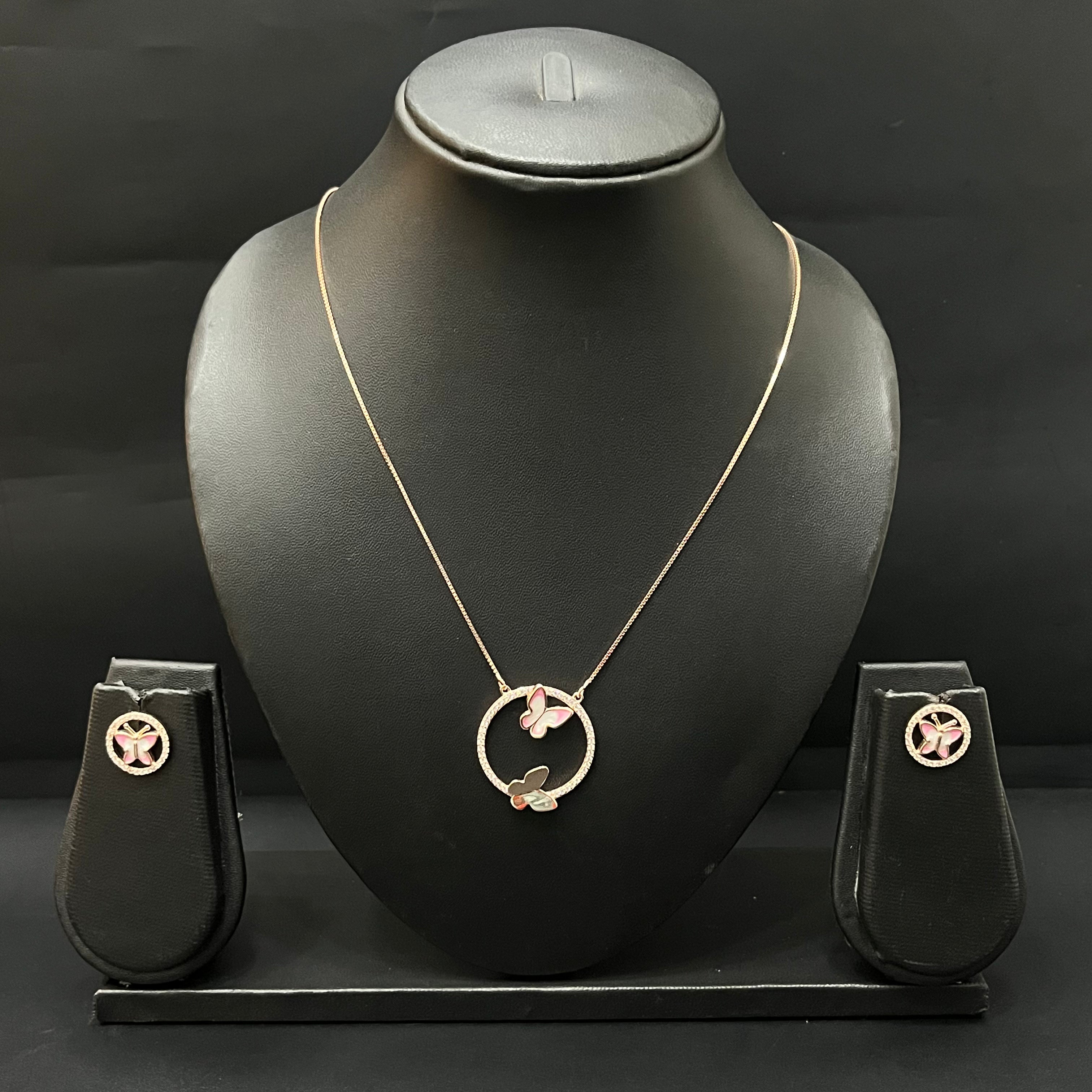 Silver Ladies Pendant Set Butterfly 2 Rosegold Circle