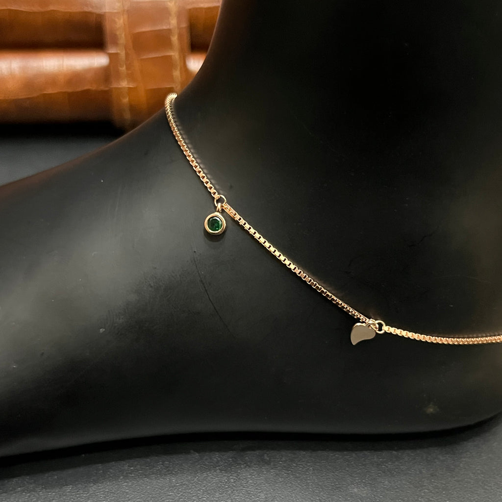 Silver Ladies Anklet Leaf & Emerald Grace Stone Rose Gold 925