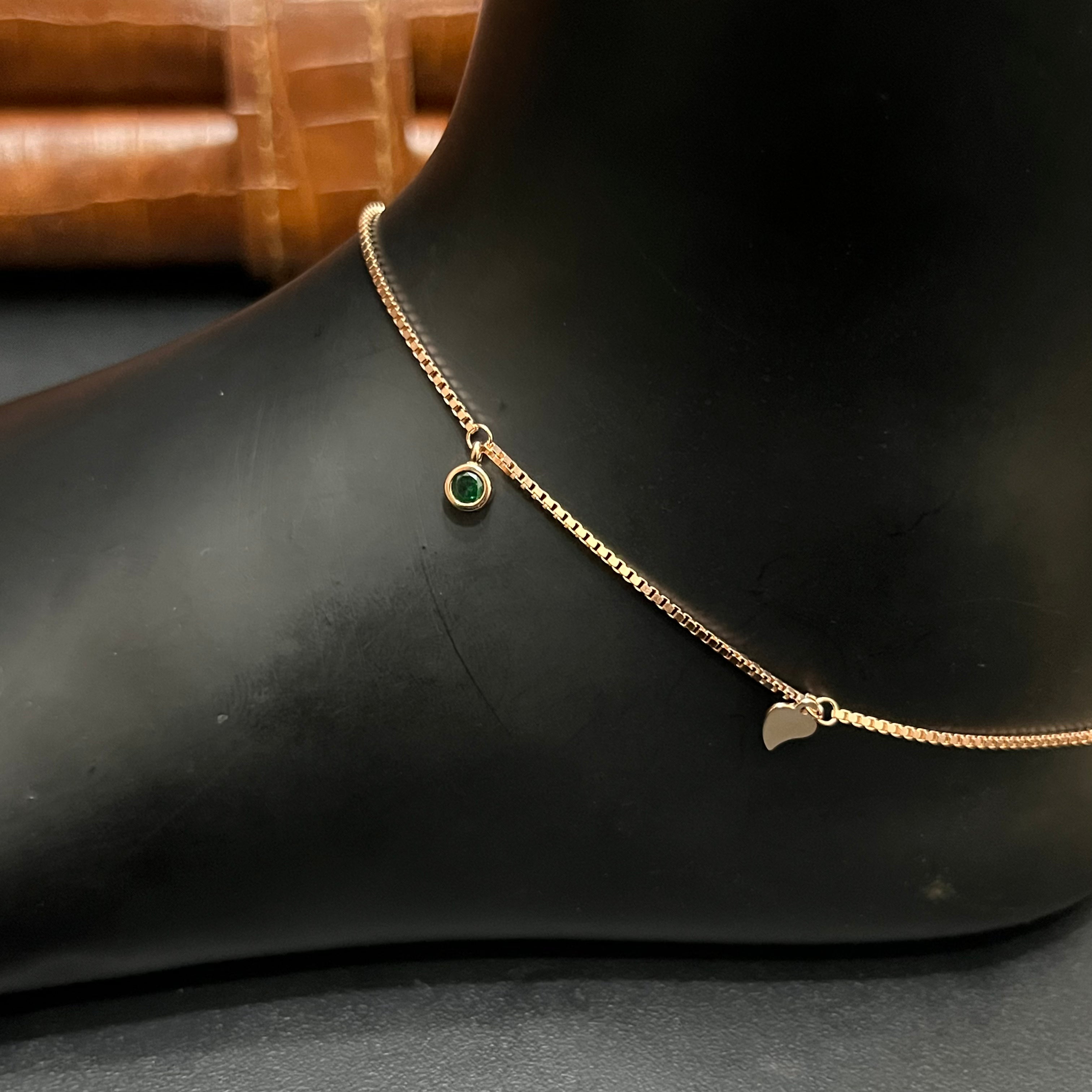 Silver Ladies Anklet Leaf & Emerald Grace Stone Rose Gold 925
