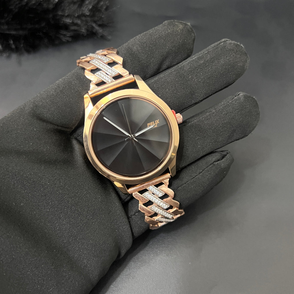 Silver Mens Watch Diamond Bezel Edges Rose Gold 925