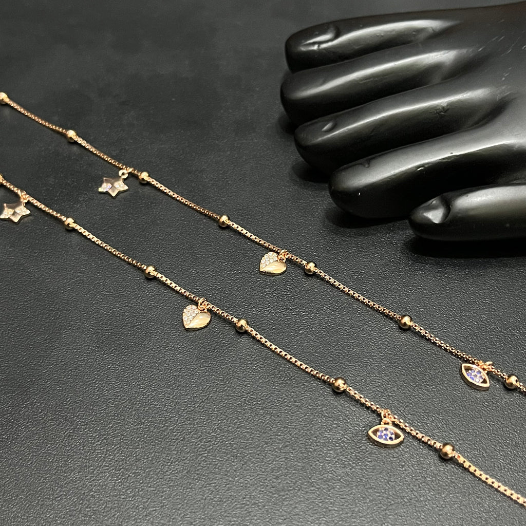 Silver Ladies Anklet Golden Heart & Floral Charm Rose Gold 925