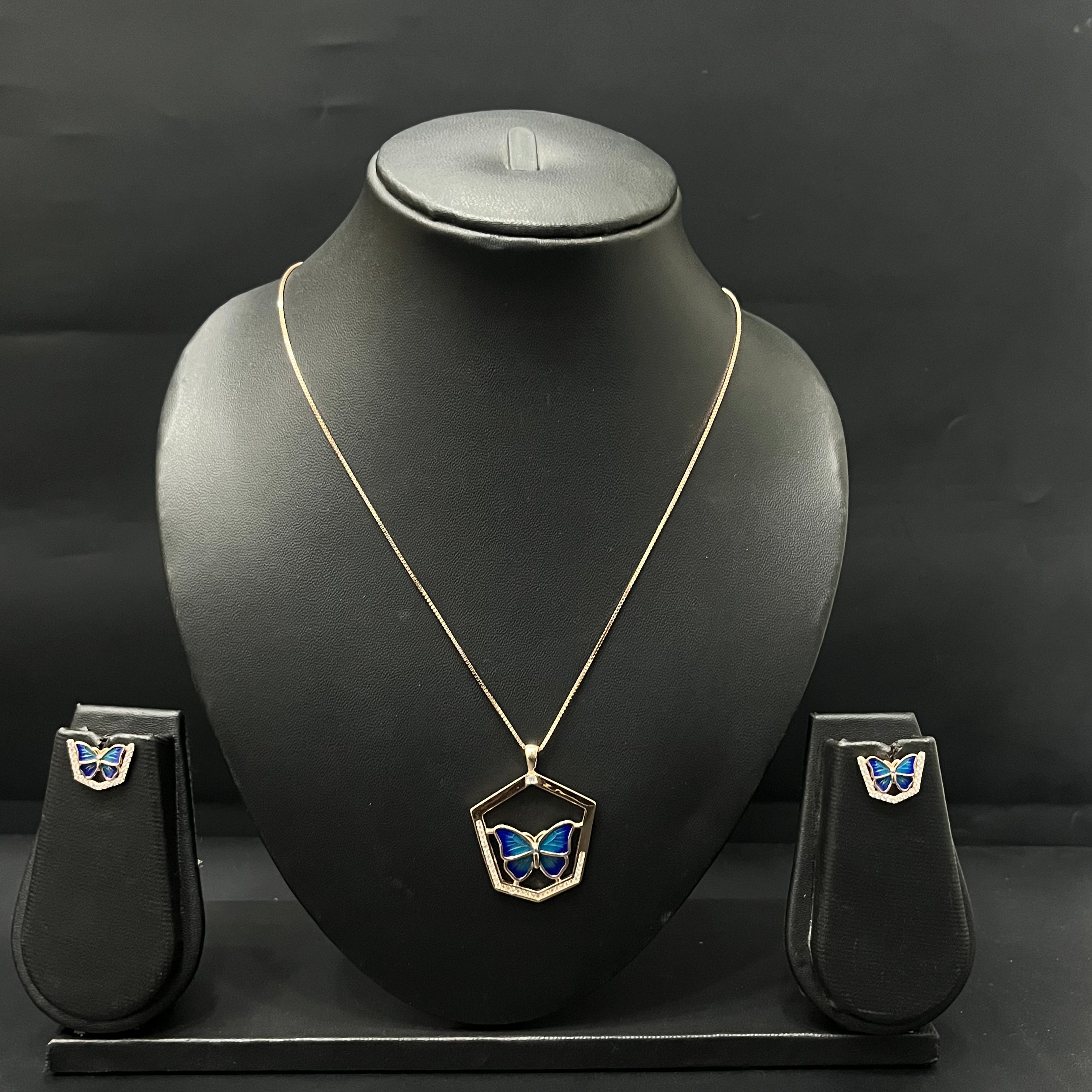 Silver Ladies Chain Set  Hexagon Blue Butterfly