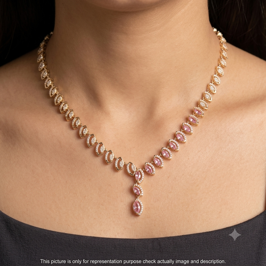 Silver Neckalce Designer Cz Leaf American Diamond Rosegold Finished