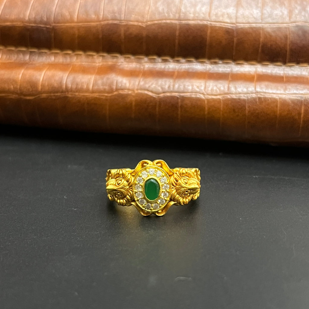 Silver Mens Ring Traditional Antique Emerald Green Ganesha Art M03 925
