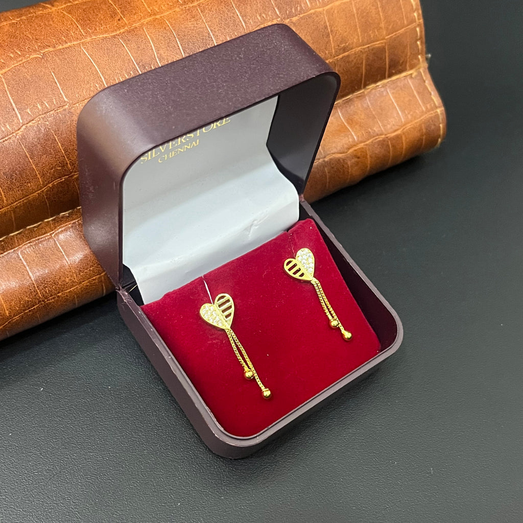 Silver Ladies Stud Heart Two Line Chain Drop Gold Finished 92.5