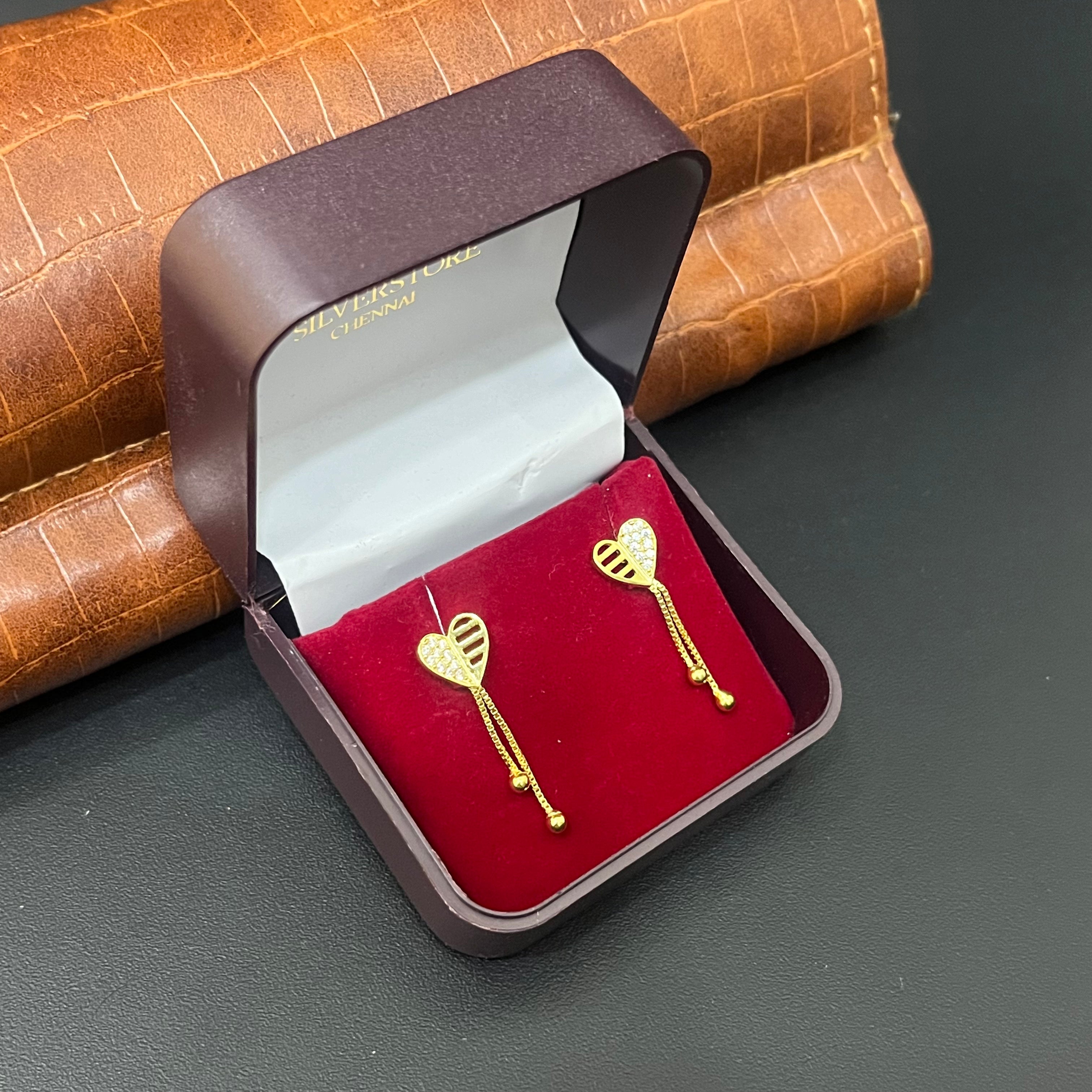 Silver Ladies Stud Heart Two Line Chain Drop Gold Finished 92.5