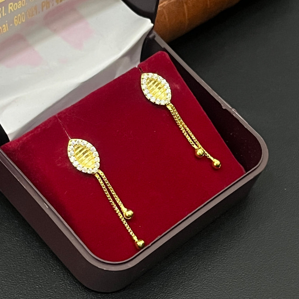 Silver Ladies Stud Oval white Stone Two Chain Drop Gold Finished 925