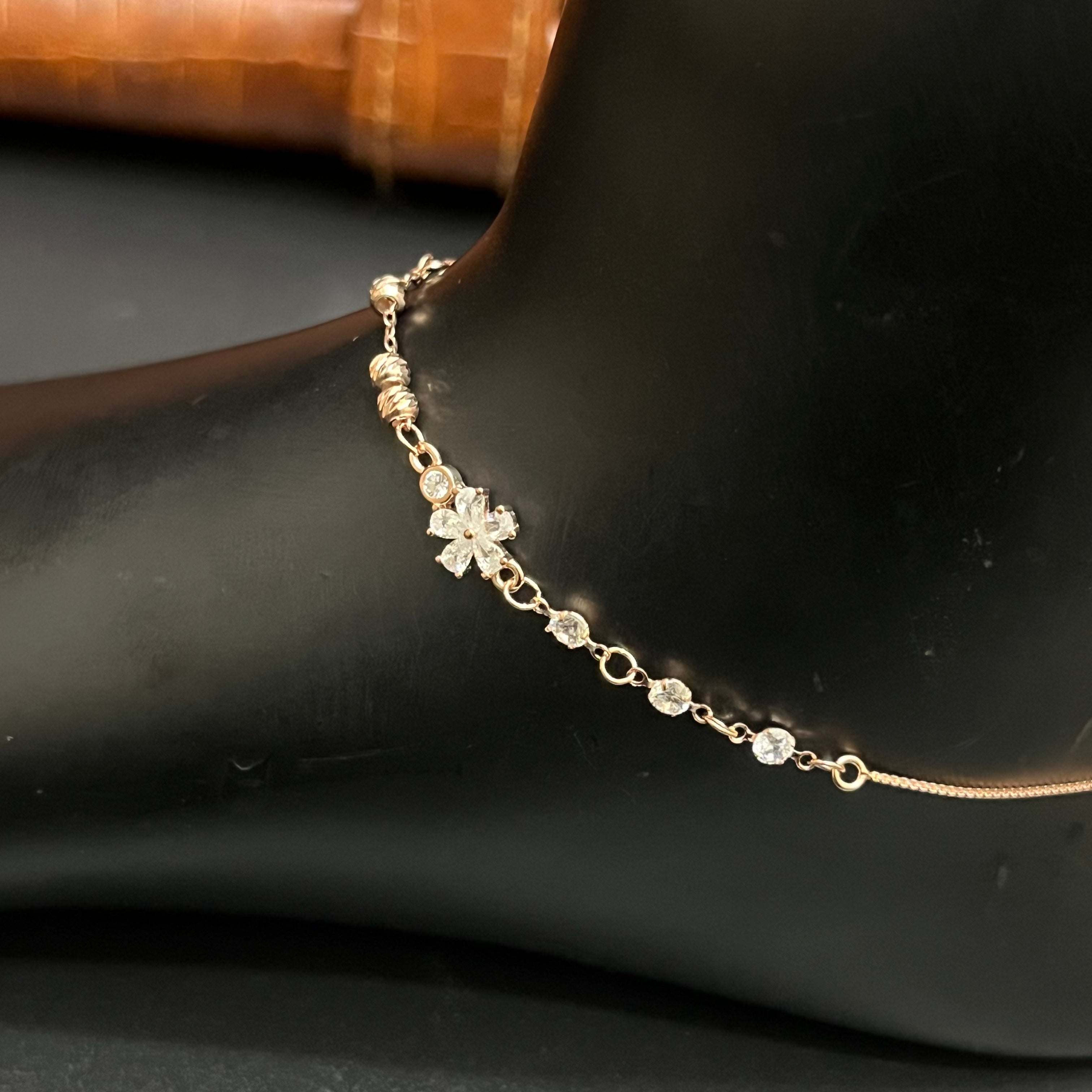 Silver Ladies Anklet Petal Leaf Beeds Crystal Rose Gold 925