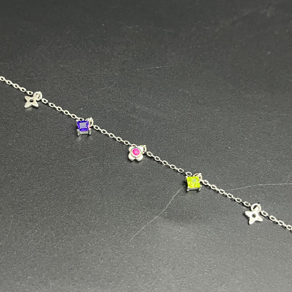 Silver Ladies Anklet Multi-Stone Floral & Geometric Charm Dangle 925