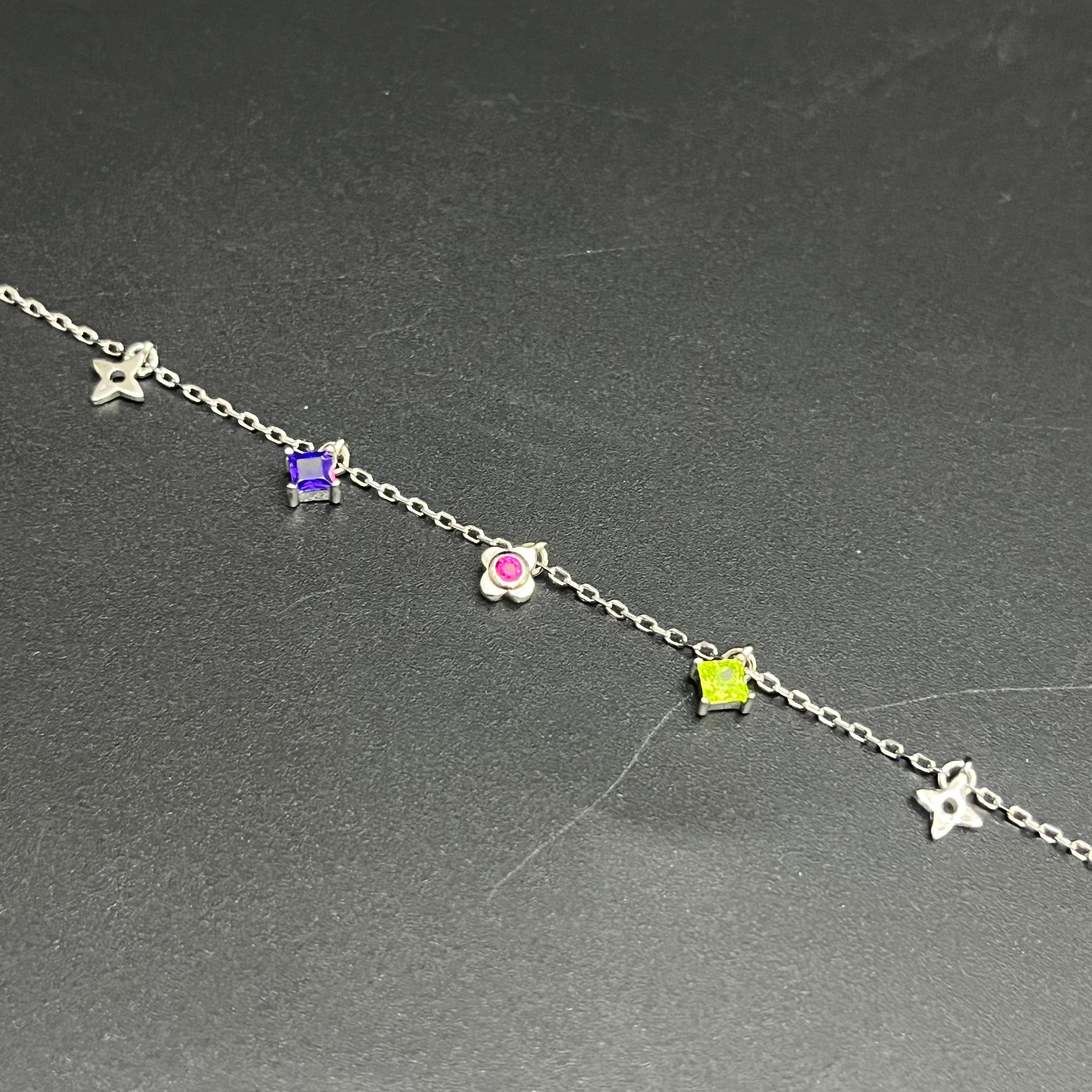 Silver Ladies Anklet Multi-Stone Floral & Geometric Charm Dangle 925