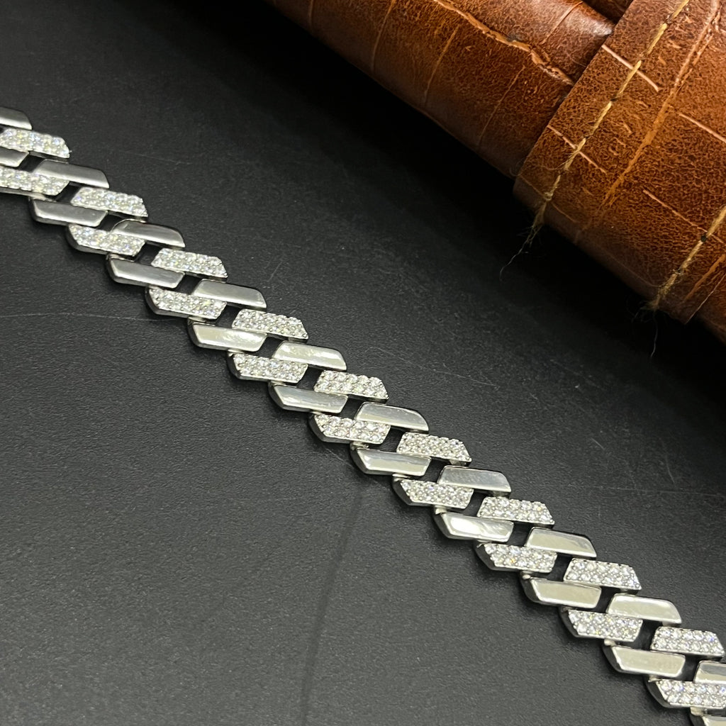 Silver Mens Chain Luxury Cuban Cut Diamond Stones M02 925