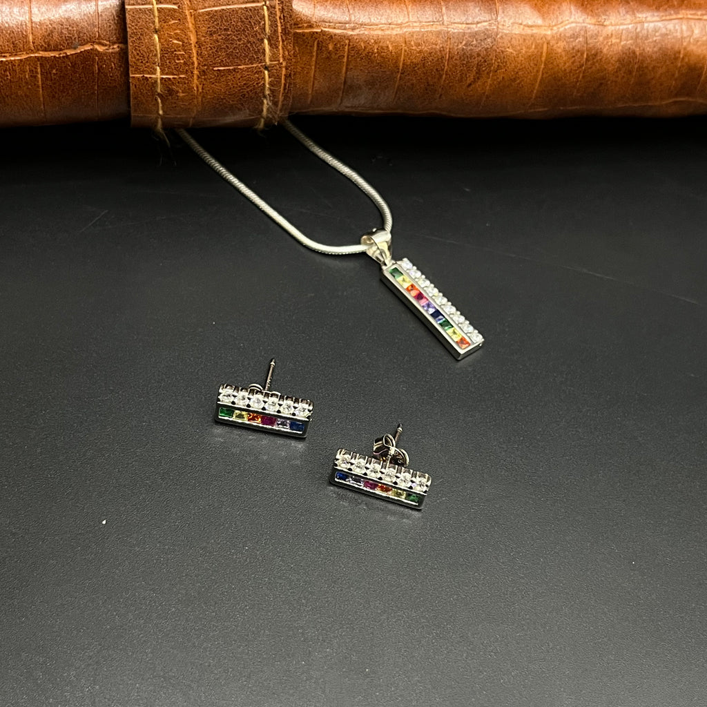 Silver Ladies Pendant Chain Set Classic Rectangle Multicolor Crystal 925