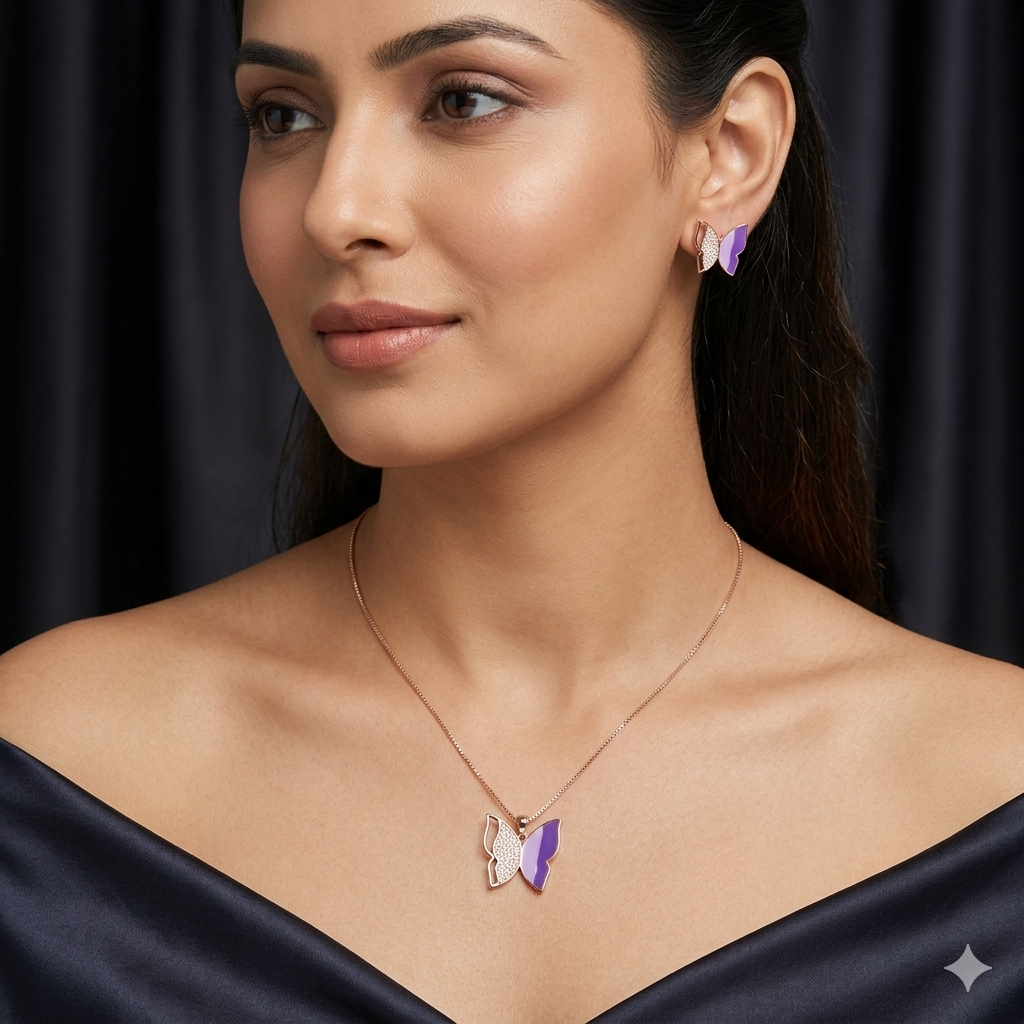 Silver Ladies Pendant Chain Purple Butterfly Rosegold
