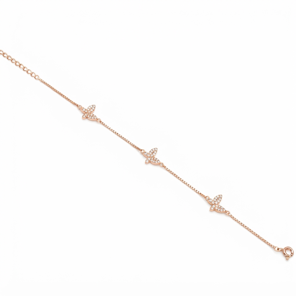 Silver Ladies Bracelet Three White Butterfly Charms 1  Rose Gold 925