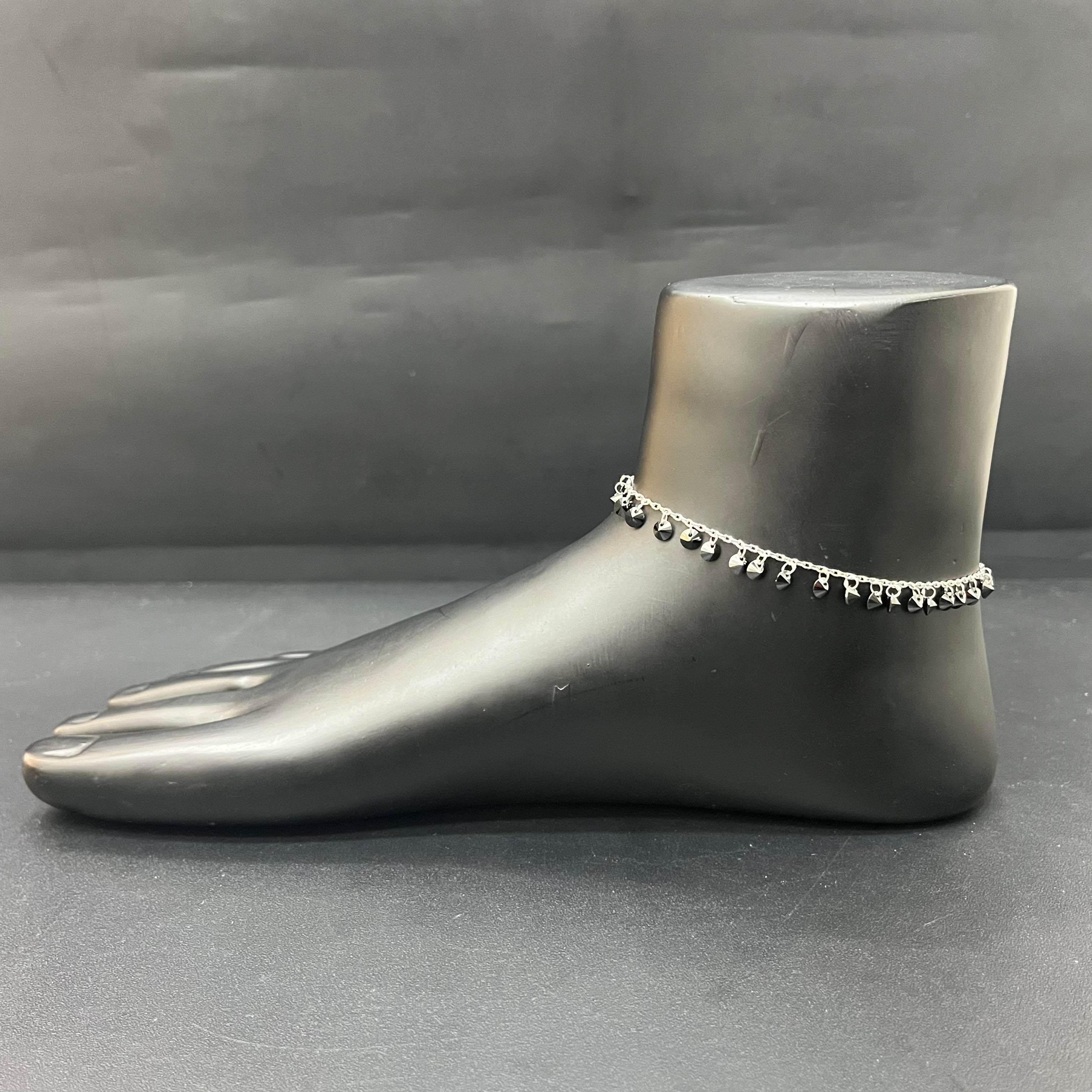 Silver Ladies Anklet Balck Beads Charms