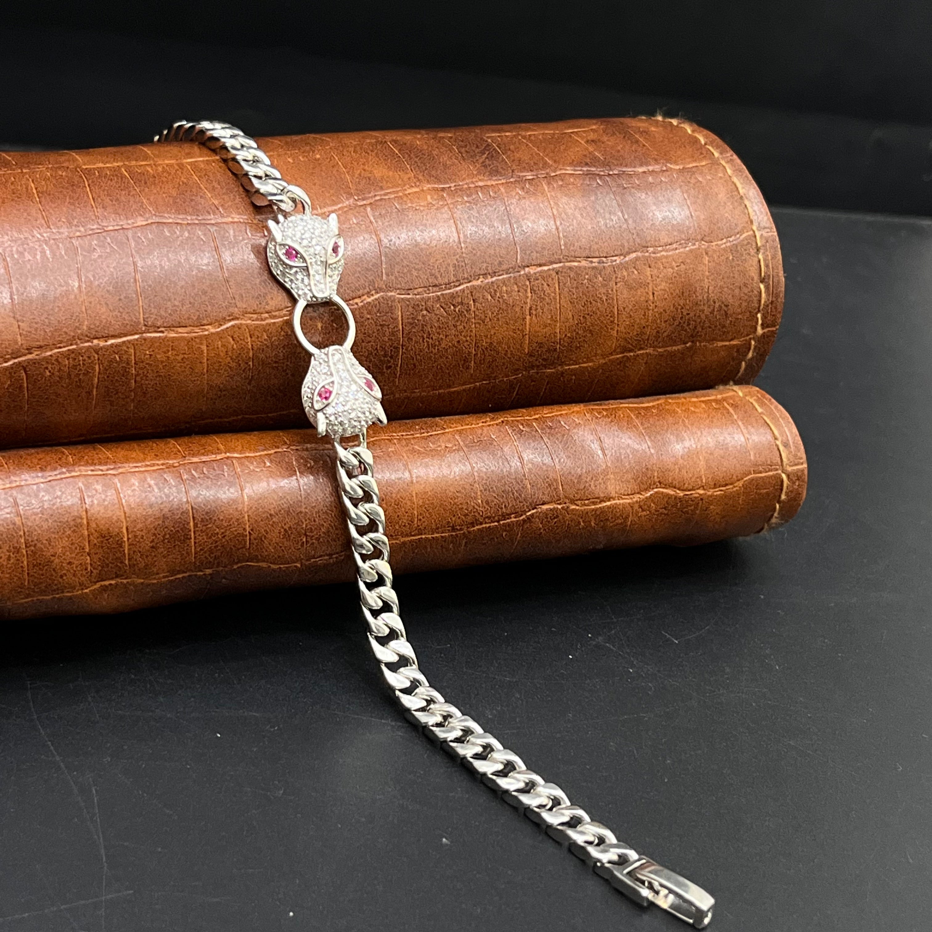 Silver Ladies Bracelet Twin Monster Mostif Cuban Link 925