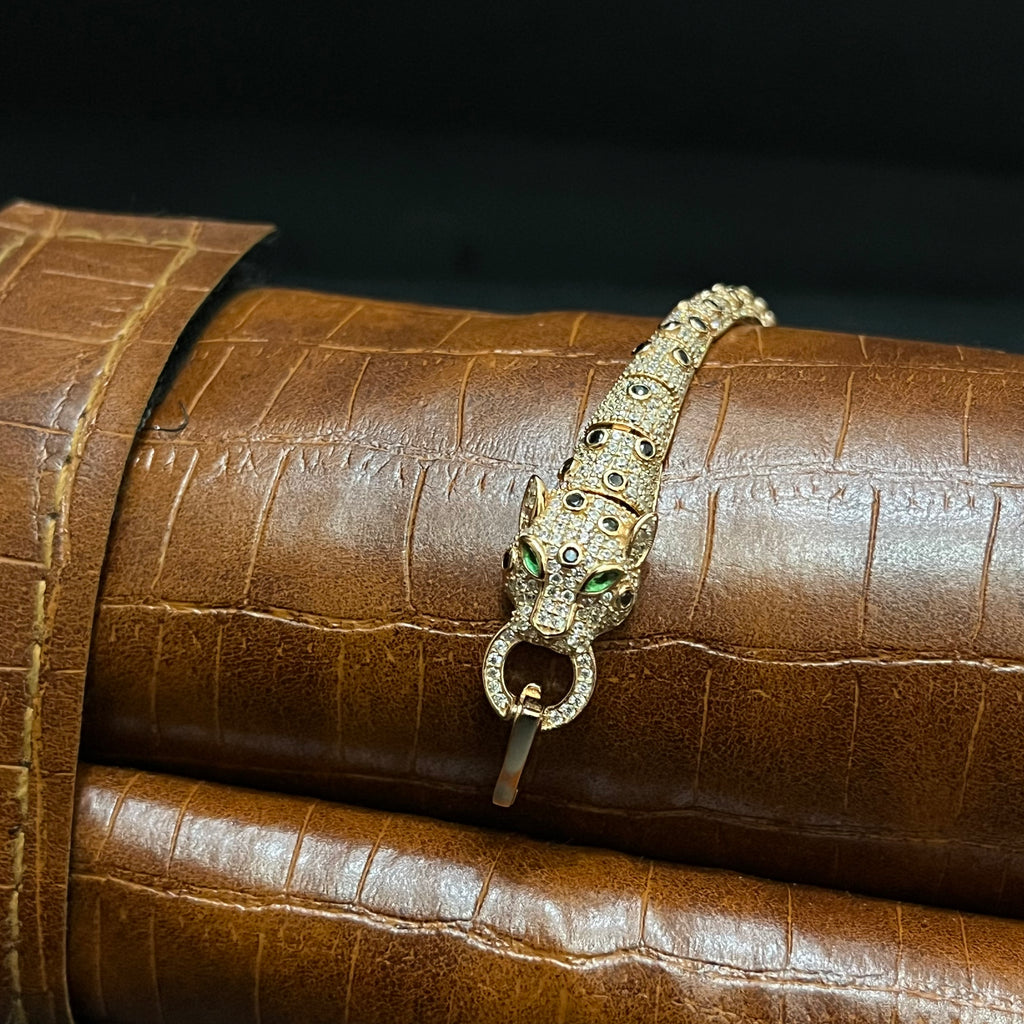 Silver Mens Bracelet Golden Cheetah Luxe Green Stones Gold Finish 925