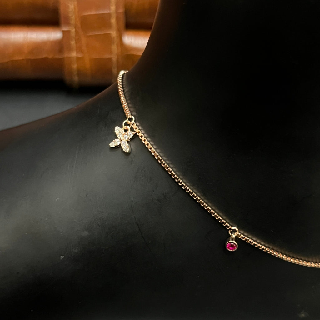 Silver Ladies Anklet Butterfly Grace Red Stone Rose Gold 925