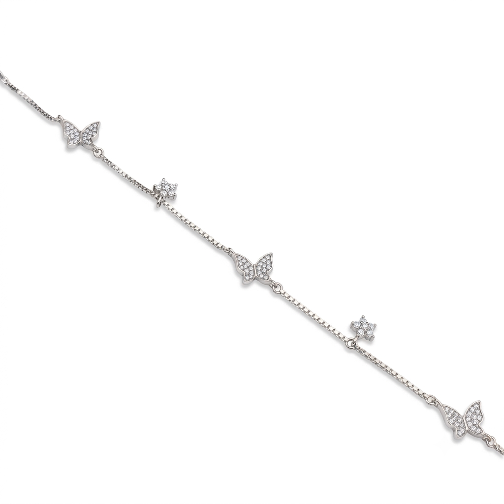 Silver Ladies Bracelet Three Butterfly & White Stars Charms 1 925