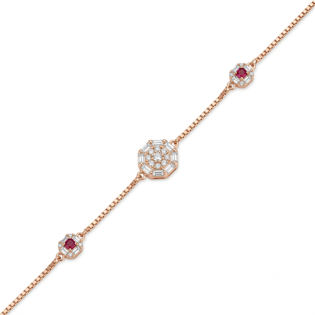 Silver Ladies Bracelet Royal Pink Crystal Trio Rose Gold 1 925